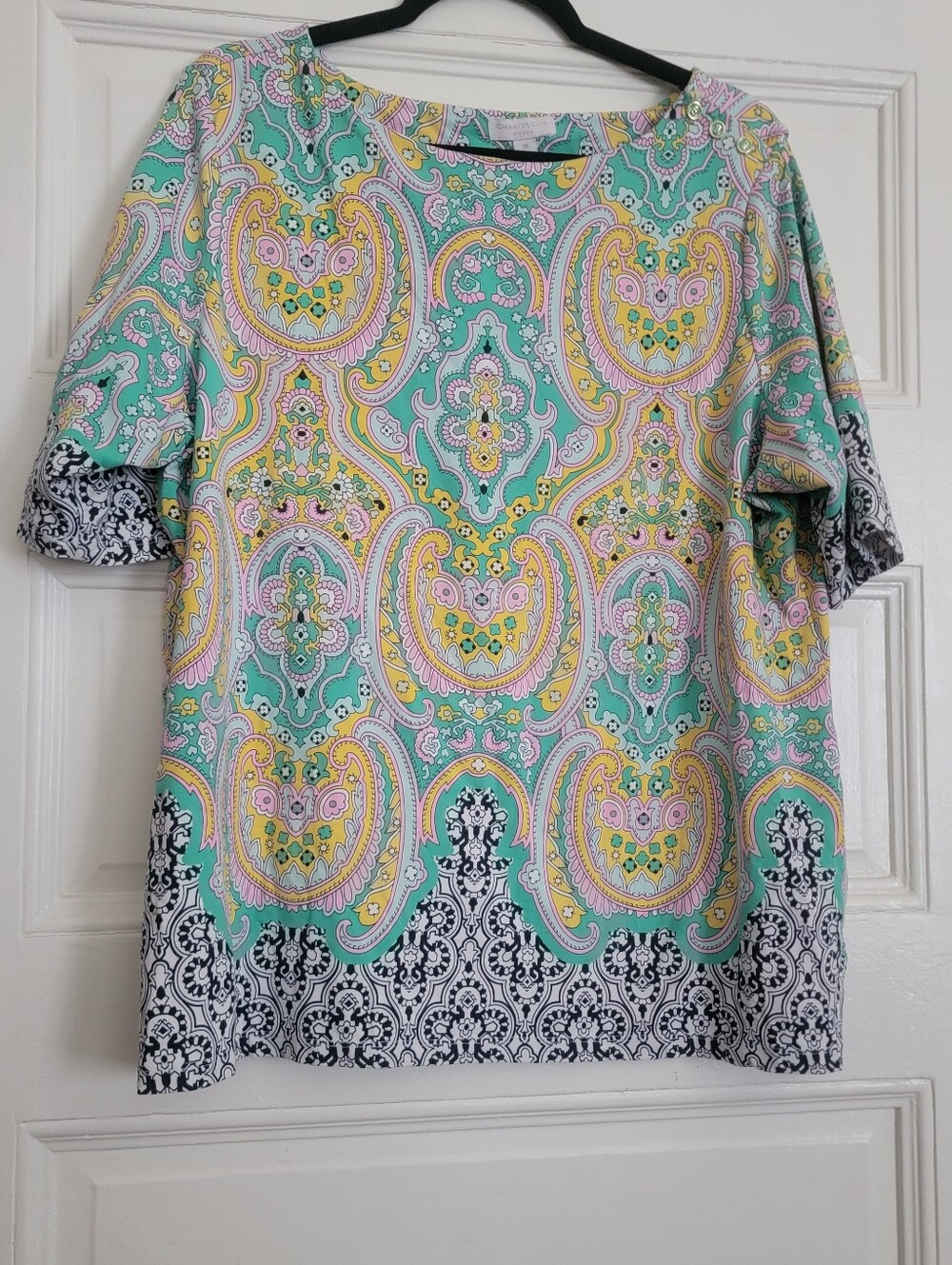 Charter Club Mint Paisley Short Sleeve Blouse with Yellow & Pink Accents